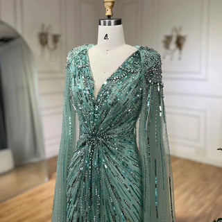 Ships in 1 to 3 Days – Dubai's Luxe Elegance: Sage Green Evening Dresses with Cape, Fuchsia Crystal, and Gold Accents for Women's Weddings and Formal Parties (2024)