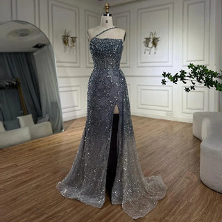 2024 Blue Mermaid Spaghetti Strap High Split Beaded Luxury Evening Dress: Gowns for Women's Wedding Party