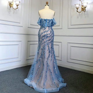 Ships in 1 to 3 Days - Ocean Opulence: 2024 Blue Mermaid Evening Gown with Beaded Off-Shoulder Detail