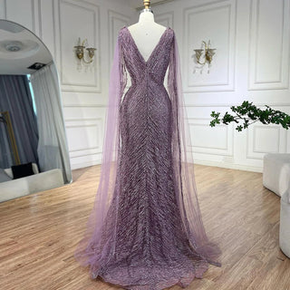 Customized Arabic Nude Luxury A-Line Beaded Evening Dress with Cape Sleeves for Women’s Wedding Party