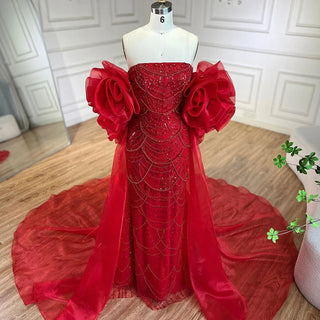 Ships in 1 to 3 Days - Red Long Cape Mermaid Evening Dress with Puff Sleeves, Beaded Overskirt, and Elegant Design for Women's Party