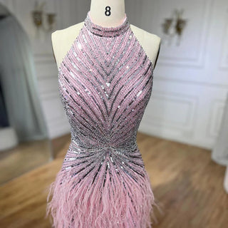 Dubai Halter Beige Feathers Beaded Formal Luxury Mermaid Evening Dress for Women Wedding Party 2024