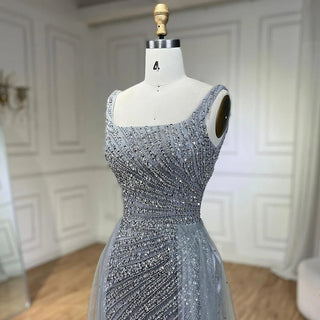 Silver Mermaid Evening Dress - Detachable Skirt, Beaded Luxury, Arabic Design for Women's Party 2024