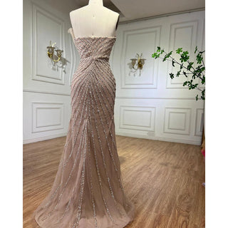 Caramel High Split Off Shoulder Mermaid Evening Dress - Beaded Gown for Women Wedding Party 2024