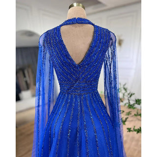 Arabic Blue A-Line Elegant Evening Dress: Luxurious Cape Sleeves with Beaded Embellishments for Women's Wedding Party 2024