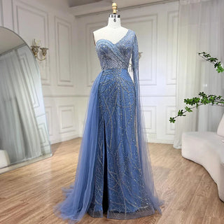 Arabian Blue Elegant Mermaid Evening Dress with Beaded Skirt - Luxury Ladies Wedding Party Dress 2024