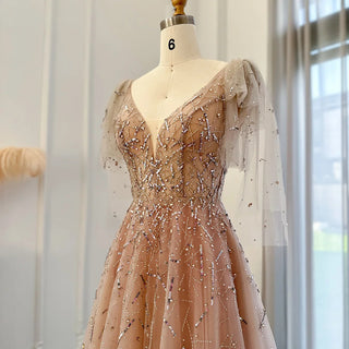 Light Champagne Evening Dresses: Dubai Luxury Crystal Pink Elegance for Arabic Formal Wedding Party Gowns