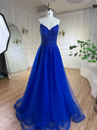 Arabic Blue Cape Sleeves A-Line Beaded Luxury Dubai Evening Dresses Wedding Party Gowns For Women 2024