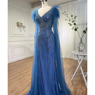 Arabic Blue Mermaid Elegant Cape Sleeves Feather Luxury Beaded Evening Dress - 2024 Collection