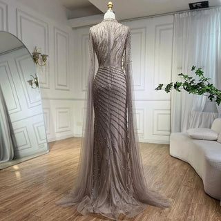 Ships in 1 to 3 Days - Arabic Caramel Mermaid Evening Dress with Cape Sleeves - Lace Beaded Long Gown for Women's Wedding Party (2024)