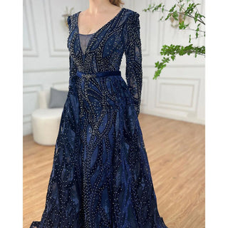 Dubai Blue Mermaid Deep-V Crystal Long Sleeves Luxury Party Dress: Formal Women's Evening Attire, 2024