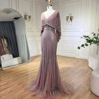 Ships in 1 to 3 Days - Turquoise Mermaid Elegant Evening Gown 2024: Long Cape, Beaded Luxury Dubai for Women's Wedding Party