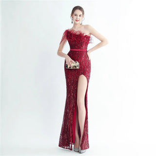 Elegant Slash Neck Feather Sequin Evening Dress for Women Beading Long Party Maxi Dress