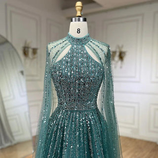 2024 Arabic Turquoise A-Line Cap Sleeve Beaded Luxury Dubai Evening Dress: Gowns for Women's Wedding Party