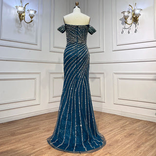 Ships in 1 to 3 Days - 2024 Elegant Blue Mermaid Evening Gown: Sexy Boat Neck with Split and Arabic-Inspired Beading for Women's Wedding Parties