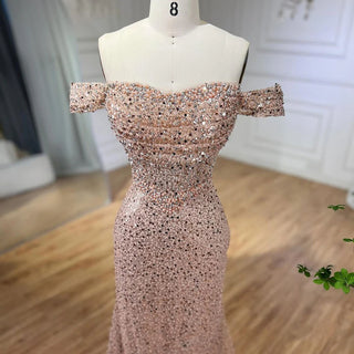 Dubai Arabian Elegance: 2024 Nude Mermaid Evening Gown - Luxury Beaded Dress with Pearls for Women's Wedding Party