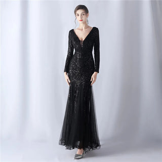 Sexy Navy Sequin Long Sleeve Prom Dress - Evening Party Maxi Dress