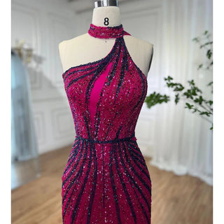 Fuchsia Halter Sleeveless Beaded Mermaid High Split Evening Dress: Party Gown for Women 2024