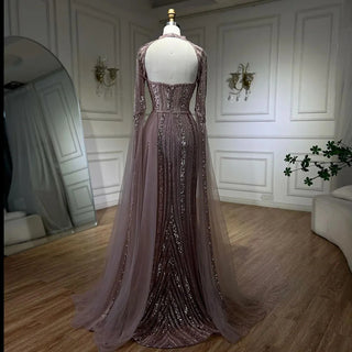 2024 Blue Mermaid Evening Gowns Luxury Beaded High Split Cape Sleeves Long Dresses for Women's Wedding Party