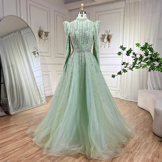 Ships in 1 to 3 Days - 2024 Dubai Arabic Designer Luxury Sage Green A-Line Beaded Evening Dress: Perfect for Women's Wedding Party