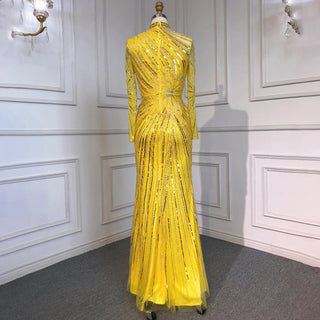 Muslim Yellow Elegant Mermaid Evening Gown 2024 with High Neck and Luxurious Beading - Perfect for Women's Parties