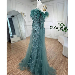 Dubai Caramel Feather Beaded Mermaid Evening Gown: Elegant Cape Sleeves for Women's Wedding Party 2024