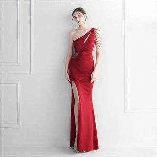 Sexy Rose Red Satin Evening Dress with Slit - Pleated Beaded Party Maxi Dress