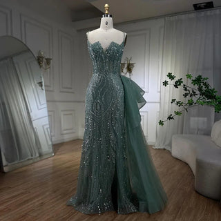 2024 Sky Blue Spaghetti Strap Luxury Evening Dress: Mermaid Beaded Elegant Overskirt for Women's Party