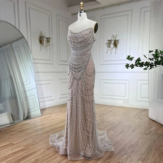 Dubai White Nude Strapless Mermaid Luxury Evening Dresses Gowns Pearls Beaded for Women Wedding Party 2024