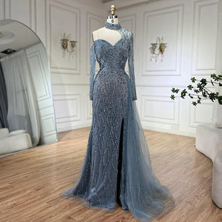 Ships in 1 to 3 Days - Arabic Blue Mermaid Evening Dress with High Split and Beading - Women's Wedding Party Gown (2024)