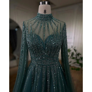 Ships in 1 to 3 Days - Arabic Turquoise A-Line Evening Dress 2024 with Beaded Detailing and Cape Sleeves - Ideal for Women's Wedding Party