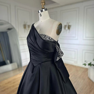 2025 Black One-Shoulder Satin A-Line Beaded Evening Gown with Sleevelets for Women’s Party - Saudi Dress