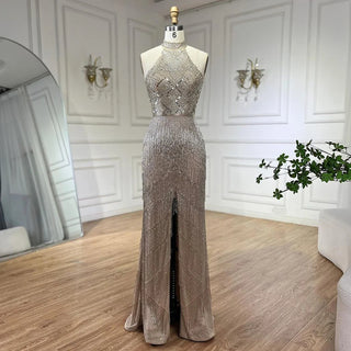 Mermaid Tassel Luxury Halter Evening Dress: Rhinestones, Pageant Gown, Sleeveless, Slit