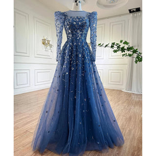 Blue Opulence: 2024 Muslim A-Line Evening Dress with Luxury Beading - Perfect for Women's Parties