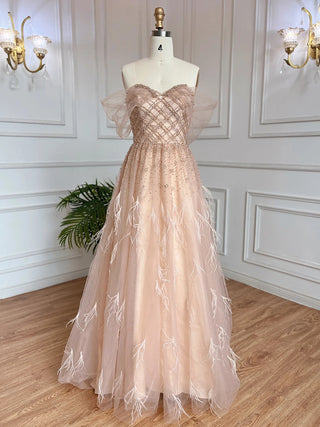 Luxury Feather Pink Dubai Evening Dresses: Elegant Off-Shoulder, Beaded Champagne Formal Dress for Women at Weddings