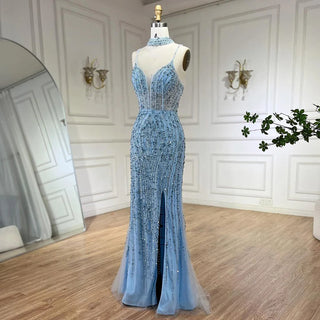 Silver Nude Mermaid Split Strap Evening Dress: Spaghetti Strap, Beaded Prom Gown for Women's Party 2024