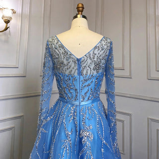 Arabic Blue A-Line Evening Dress - Long Sleeves with Luxury Beading for Woman's Party 2024