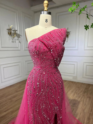 Ships in 1 to 3 Days - Fuchsia Radiance: 2024 Luxury Strapless Evening Dress with High Split, Beaded Elegance, and Dubai Glamour