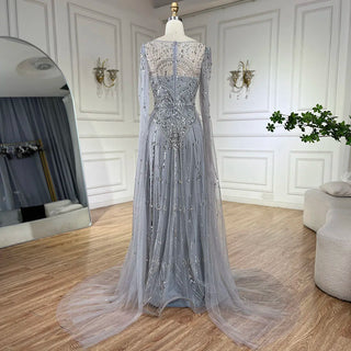 2024 Luxury Dubai Blue Cape Sleeves Alina Beaded Stone Arabic Evening Gowns for Women | Wedding Party