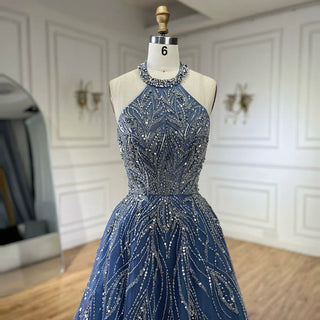 Ships in 1 to 3 Days - Elegant Blue Arabic A-Line Halter Gown Luxury Dubai Evening Dress for Women - Wedding Party 2024