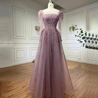 Muslim Pink A-Line Beaded Luxury Dubai Long Evening Dress - Gown for Women's Wedding Party 2024