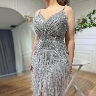 Luxury Beaded Mermaid Feathers Prom Dresses: Sexy Spaghetti Straps Backless Rose Pink Evening Dress