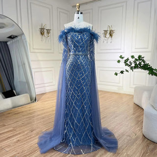 Elegant Cape Sleeves Mermaid Evening Dresses Gowns Luxury Feathers Beaded 2024 For Women Wedding Party