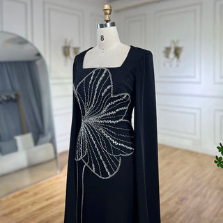 Ships in 1 to 3 Days - Arabic Black Mermaid Elegant Cape Sleeves Beaded Satin Luxury Dubai Evening Dresses Gowns For Women Party