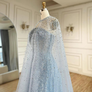 Ships in 1 to 3 Days - 2024 Arabic Blue Luxury Dubai Evening Gown | A-Line Elegant Cape Sleeves Beaded Dress for Women's Party