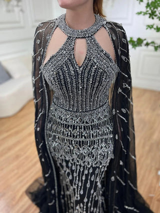 Mermaid Elegant Cape Sleeves Beaded Luxury Evening Dress Gown For Women: Arabic Party 2024