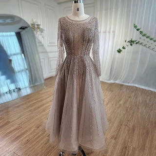 Muslim Ivory Luxury Evening Dress 2024 - A-Line Ankle-Length Beaded Formal Gown for Wedding Party