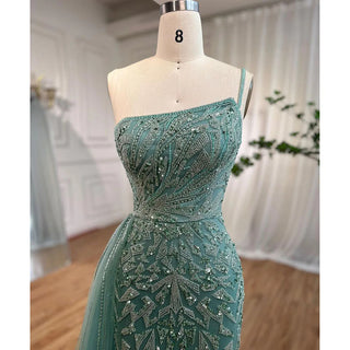 Elegant Blue Mermaid Evening Gown 2024: One Shoulder with Overskirt, Luxury Beaded for Women's Party