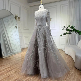 2024 Muslim Gray A-Line Evening Luxury Dubai Dress - Beaded Gown for Women's Wedding Party