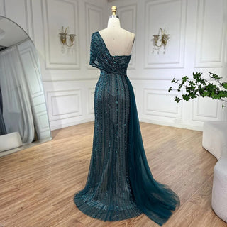 2024 Green Mermaid High Split One Shoulder Beaded Evening Dress: Gowns for Women's Wedding Party